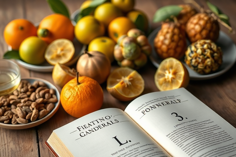 Close-up shot of a wooden table with a variety of fresh fruits including oranges and longans, surrounded by plates of nuts and seeds, a book with elegant typography in the foreground, soft natural lighting, aperture f/2.8, ISO 200, 50mm lens, shot with a DSLR camera.