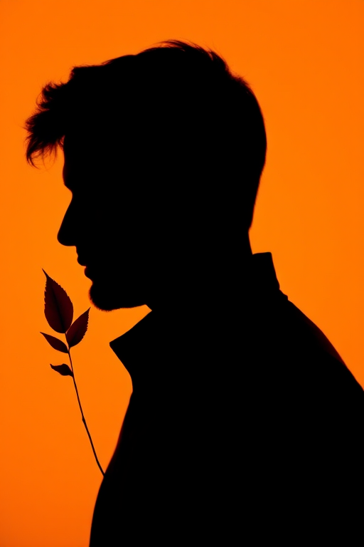 Create a minimalistic portrait of a man in profile silhouette against a soft orange background, incorporating a single leaf held gently in his side view, using a DSLR camera with a 50mm lens, f/1.8 aperture, ISO 100, and soft natural lighting to enhance details and focus.