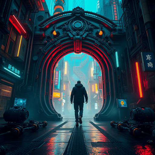 A surreal cityscape with a figure walking through a large, ornate portal surrounded by intricate machinery, vibrant neon lights and a mysterious atmosphere, captured with a Nikon D850, 35mm lens, f/2.8 aperture, ISO 100, and a soft focus effect for depth.