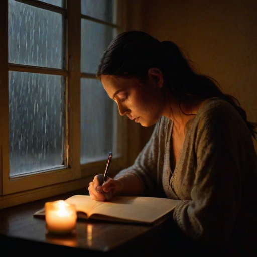 Woman writing in a journal by candlelight, the soft flicker of the flame casting shadows on the walls, and rain gently tapping against the window.