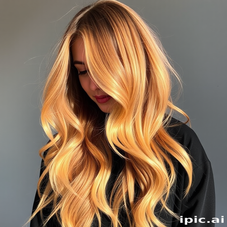 Lustrous honey blonde locks in the "Golden Hour" style cascade in loose, effortless waves with sun-kissed dimension and movement