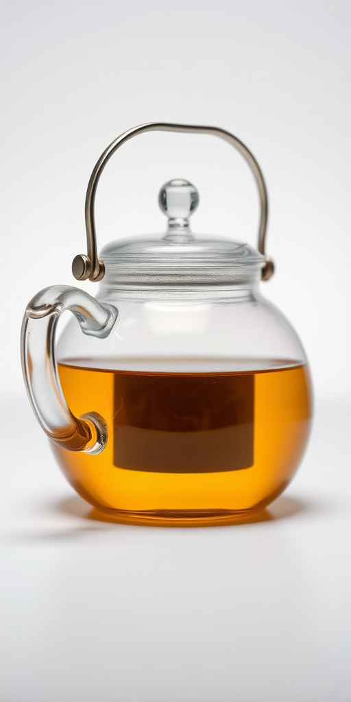 high-resolution image of a glass teapot on a white background, 50mm lens, f/4 aperture, ISO 100, soft lighting, studio setup, focus on the teapot with a slight shallow depth of field