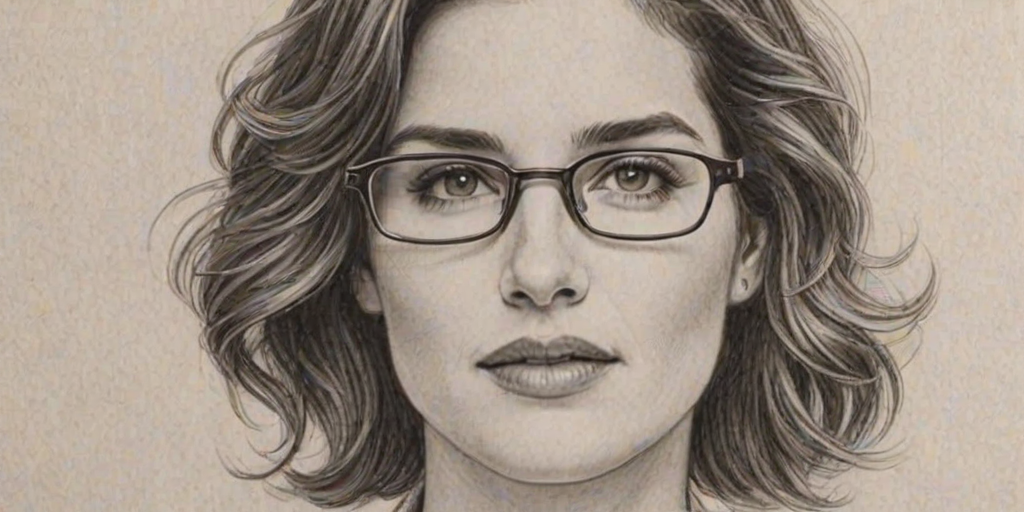 Superb Cobie Smulders, pencil sketch, portrait of Graceful woman 1937s in glasses, hair style beatnik, outline, clear lines, fine lines, 8k