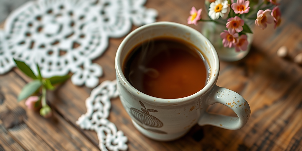 Close-up of a beautiful handmade ceramic mug filled with steaming coffee, set on a rustic wooden table, with a delicate lace tablecloth and a small vase of fresh flowers nearby.