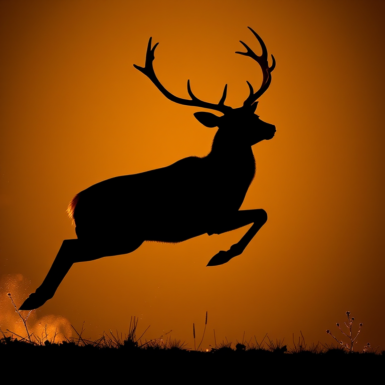 Create a high-resolution silhouette of a leaping deer with antlers against a contrasting background, using a DSLR camera, f/2.8 aperture, 1/500 shutter speed, and ISO 100 to enhance clarity and detail.