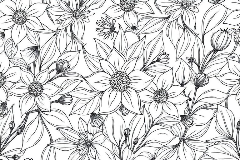 Create a high-resolution, intricate line drawing of flowers and leaves in a seamless pattern style, shot with a DSLR camera at f/4 aperture, ISO 100, 50mm lens, top-down view, using a natural light setting to enhance details and contrast.
