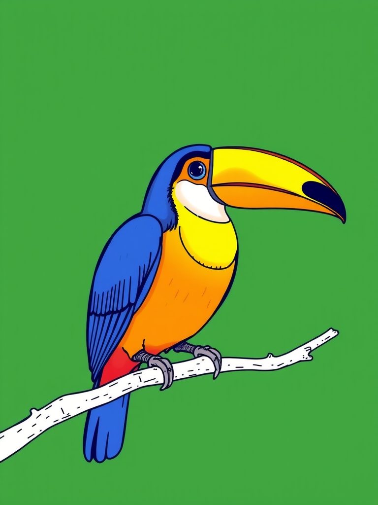 Create a vibrant line art drawing of a toucan perched on a branch against a dark green background, using a Canon EOS R5 with an 85mm f/1.2 lens at f/2.8, ISO 100, and a shutter speed of 1/250s to enhance image quality and detail.