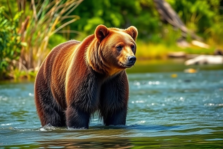 Create a high-resolution image of a grizzly bear standing in a lush river surrounded by greenery, using a DSLR camera with a 50mm lens, aperture f/2.8, ISO 100, and a shallow depth of field for a soft background blur, capturing the scene in vibrant daylight for enhanced colors.