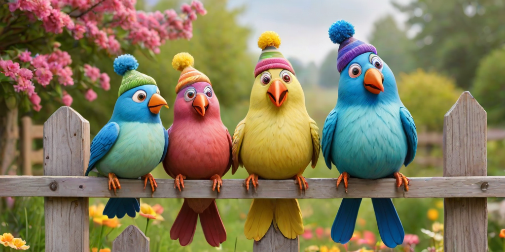 create a scene of 4 quirky  whimsical colourful comical birds each with a funny expression. they are sat on a wooden fence with colourful flowers. they are all different sizes. each one is a different colour  one is wearing a woolly hat. Each one has a different quirky google expression and there is a muted background of trees watercolour paintierly style high definition 8k resolution 3D paper mache