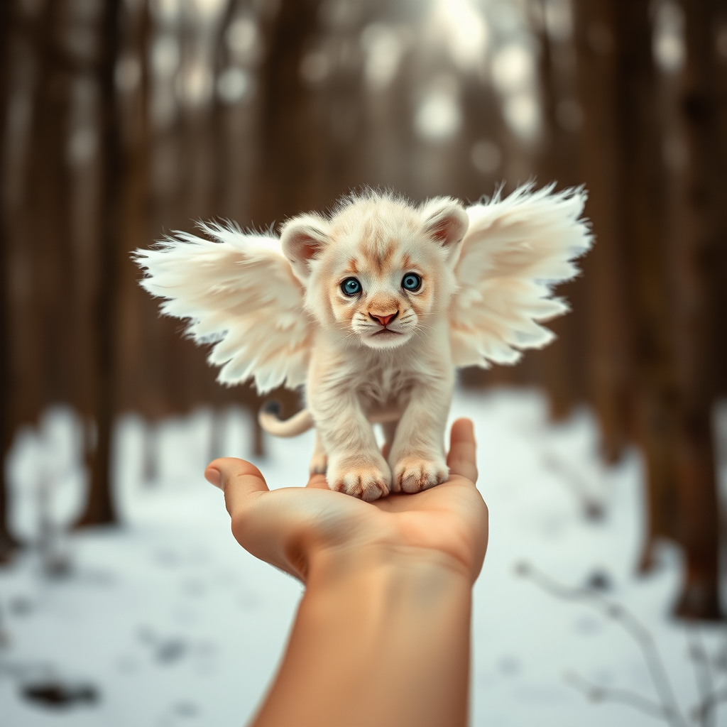 A small, white lion cub with angelic wings standing on a human hand. The cub has a soft, fluffy texture with detailed fur, expressive blue eyes, and a curious expression. The wings are large and feathery, blending seamlessly with its fur, giving an ethereal appearance. The background is a winter forest, with the ground covered in snow and blurred brown trees, creating a serene atmosphere. The human hand in the foreground is positioned palm-up, supporting the lion cub gently, fingers slightly curled. The lighting is soft and diffused, enhancing the tender and magical feel of the scene. Colors are predominantly neutral with white, cream, and soft browns, contrasting with the subtle blue of the lion cub's eyes. The overall composition is balanced, with the cub at the center, creating a focal point that draws the viewer's attention immediately.