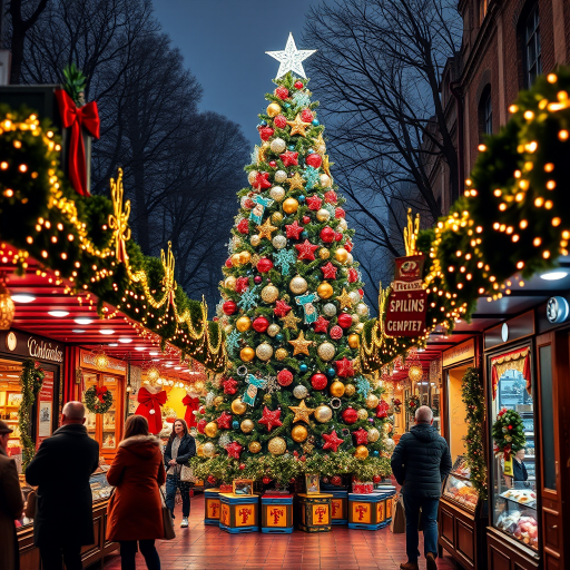 Generate an image of a festive Christmas market scene. Include a beautifully decorated Christmas tree with shiny ornaments and a star on top. Surround the tree with colorful market stalls adorned with lights and holiday decorations. Capture the vibrant atmosphere with shoppers enjoying the festivities.