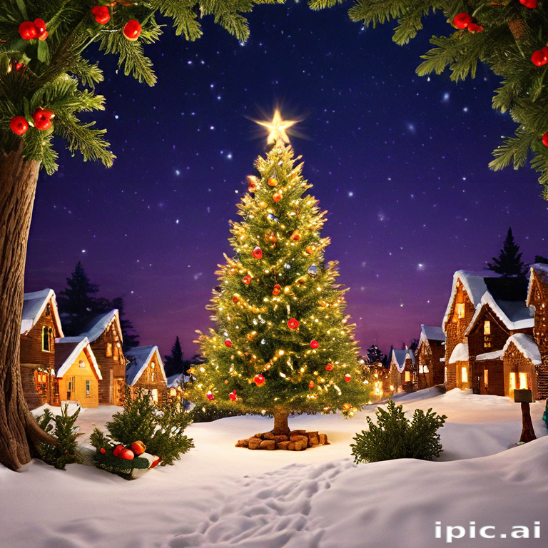 A Magical Winter Night Scene with a Christmas Tree and Snowy Village.