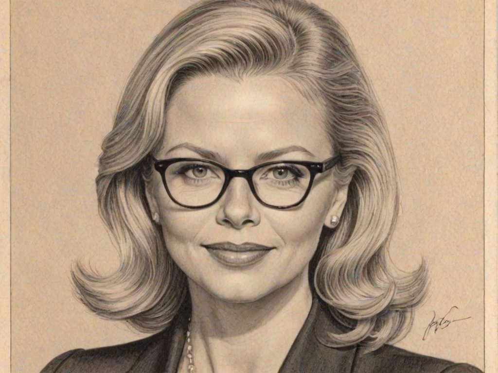 Stunning Faith Ford, pencil sketch, portrait of Pleasing woman 1938s in glasses, hair style beatnik, outline, clear lines, fine lines, 8k