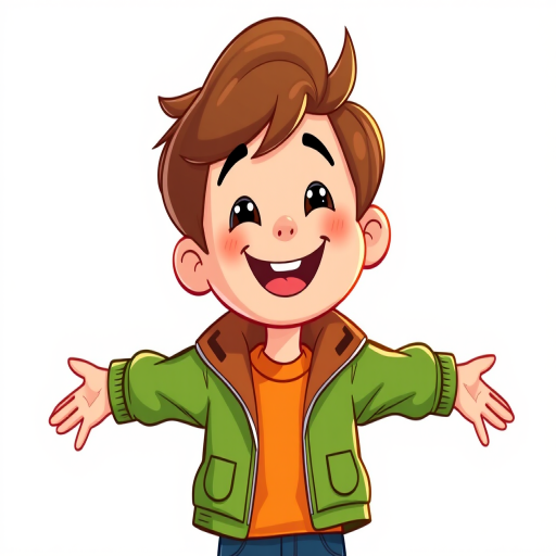 Create a vibrant vector illustration of a cheerful cartoon boy with brown hair, wearing a green jacket and orange shirt, standing with arms open, shot with a Canon EOS 5D Mark IV at f/2.8, ISO 100, 50mm lens in a colorful and playful style.