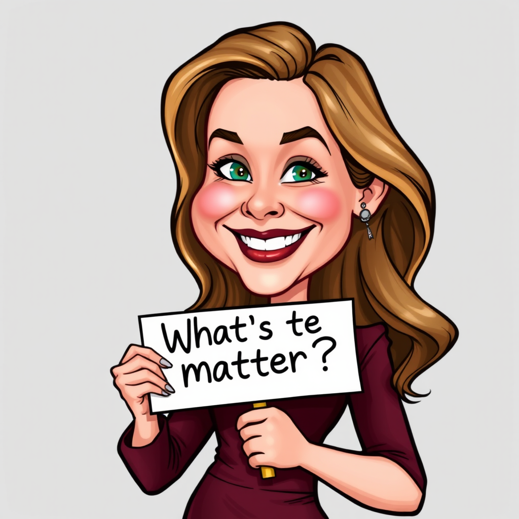 caricature of a smiling Hilary Duff in a Maroon dress or suit, holding up a sign that says "What's the matter?", no watermark,