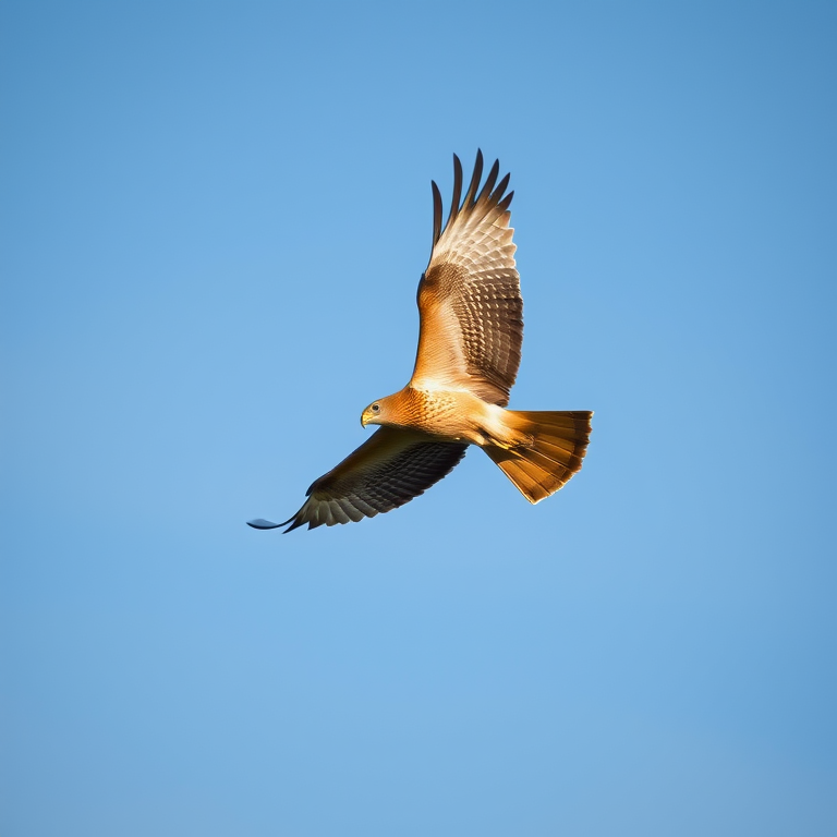 Create an image of a hawk soaring in a clear sky with a focal length of 200mm, aperture set to f/4, ISO 100, shot from a low angle using a DSLR camera with burst mode to capture motion.