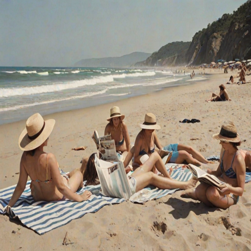Bustling beach at midday, with families and friends scattered along the shore, a woman in a wide-brimmed hat lies on a striped towel, reading a magazine as the waves crash rhythmically in the background.