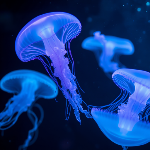 Create an underwater scene featuring four glowing jellyfish with ethereal blue and purple hues, captured with a Canon EOS R5 at f/2.8, ISO 200, 1/100s shutter speed, using a macro lens with a wide-angle view to enhance depth and clarity.
