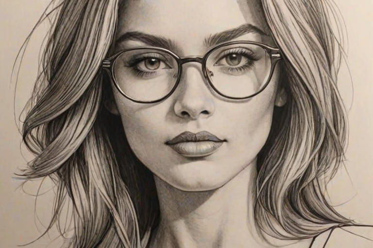 Gorgeous Jazmyn Simon, pencil sketch, portrait of Stunning woman 1974s in glasses, hair style beatnik, outline, clear lines, fine lines, 8k