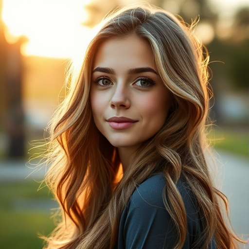 portrait of a young woman with wavy hair in a soft outdoor setting, natural lighting, shallow depth of field, aperture f/1.8, ISO 100, 85mm lens, DSLR camera, golden hour lighting for a warm glow