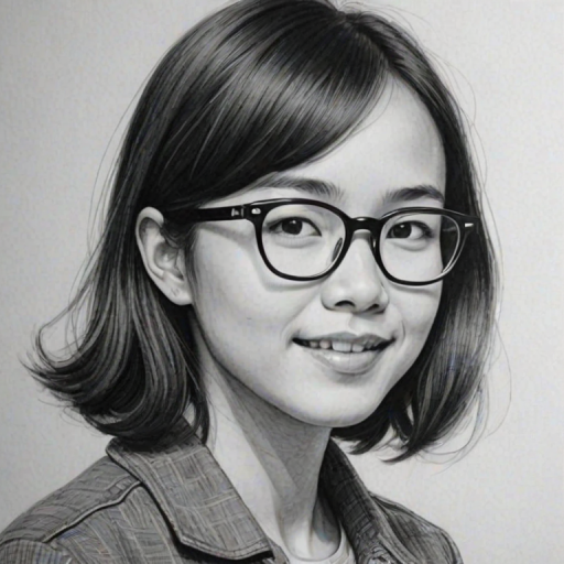 Fetching Charlyne Yi, pencil sketch, portrait of Dazzling woman 1960s in glasses, hair style beatnik, outline, clear lines, fine lines, 8k