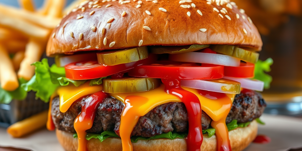 High-resolution, close-up image of a gourmet double cheeseburger. The burger features a glossy, sesame-seed-topped brioche bun. Inside, there are two thick, juicy beef patties, each topped with melted cheddar cheese. The burger is garnished with fresh lettuce, tomato slices, diced onions, and pickles. A generous amount of ketchup and a creamy, orange-colored sauce is dripping down the sides, adding to the mouth-watering appeal. In the background, there are blurred elements including a side of golden French fries and a hint of a beverage, enhancing the overall presentation of a delicious meal.