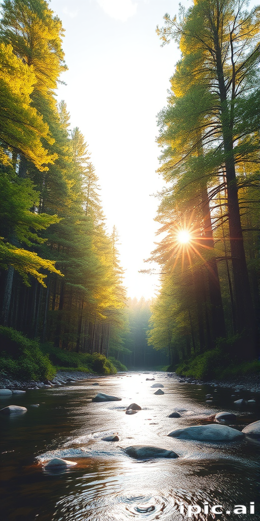 Create an image of a serene, sunlit forest scene with a clear, gently flowing river. Tall trees with lush green foliage line both sides of the river, their leaves bathed in the warm golden light of the setting or rising sun. The sunlight filters through the trees, casting soft, dappled light on the river, which flows over smooth rocks and pebbles, creating a peaceful, natural atmosphere. The sky is bright with a few scattered clouds, and the overall mood is tranquil, evoking a deep sense of connection with nature. The image captures the beauty of a calm, pristine forest landscape at either dawn or dusk.