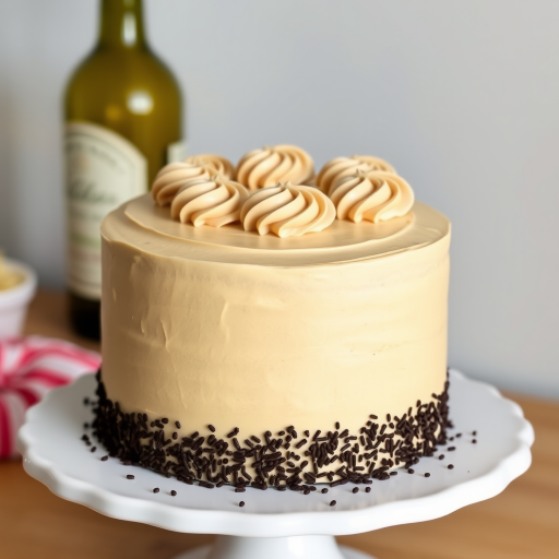 A round cake with a smooth beige frosting decorated with swirls on top and chocolate sprinkles around the base, placed on a white cake stand with a blurred bottle in the background.