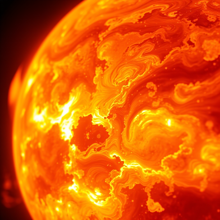 Generate a vibrant close-up image of a fiery sun with swirling textures, in ultra-high-definition, using a DSLR camera with a 50mm lens, aperture set to f/1.8, ISO 100, and a high dynamic range setting for enhanced detail and color contrast.