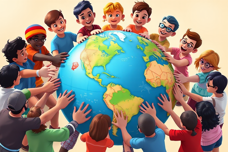 A diverse group of people holding hands around a large globe, cartoon style, vibrant colors, high-detail, 4K resolution, 50mm lens, f/2.8 aperture, soft focus background, natural lighting, frontal view.