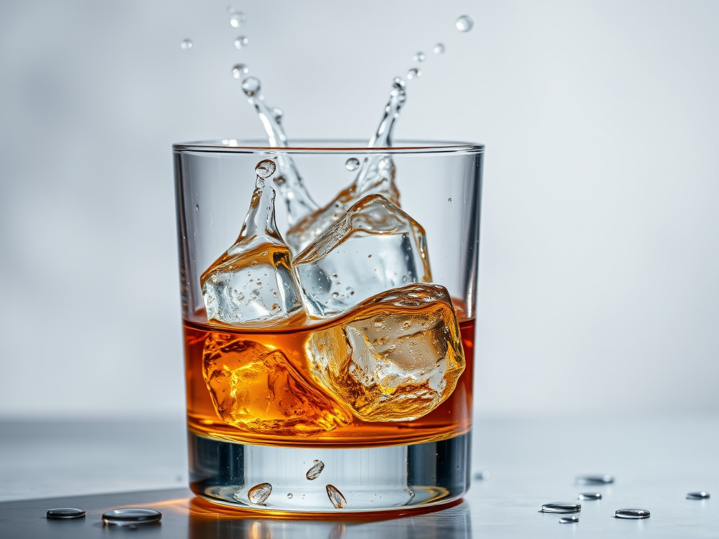 Create a high-resolution image of a glass filled with whiskey and ice, with water splashes, using a Canon EOS R5, aperture f/4, shutter speed 1/500s, ISO 100, 50mm lens, shot from a slightly elevated angle with natural lighting.