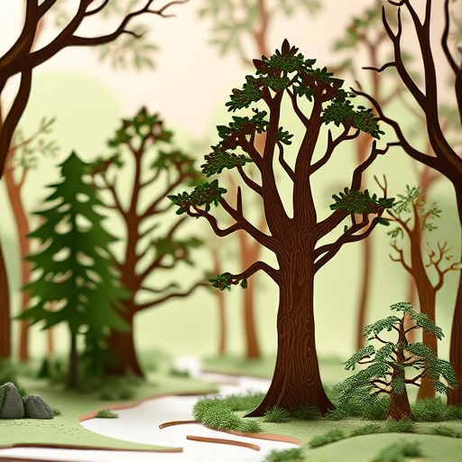 Create a highly detailed, high-resolution image of a pop-up paper art forest scene with intricate trees and a serene background, shot with a DSLR camera at f/2.8 aperture, ISO 100, 1/125 sec, using a macro lens for sharp focus on the paper details, in natural soft lighting to enhance textures.