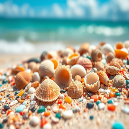 Capture a close-up of a variety of seashells on a sandy beach with vibrant pebbles, soft bokeh background of turquoise ocean and sky, shot with a DSLR camera at f/2.8, ISO 100, 1/200s, focal length 50mm, using a macro lens for enhanced detail and vivid colors.