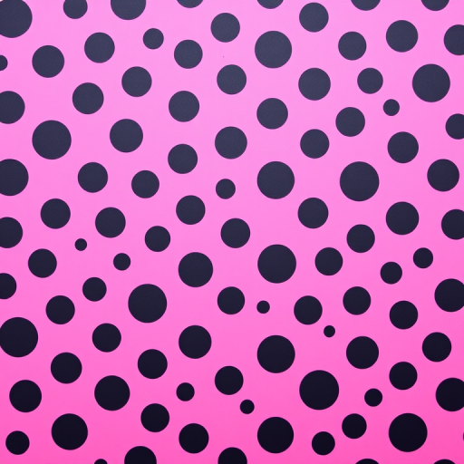 Create a vibrant pattern of large black dots evenly spaced on a bright pink background, captured with a DSLR camera using a 50mm lens at f/2.8, ISO 100, and a shutter speed of 1/200s, top-down view to enhance depth and texture.