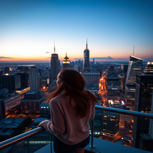 Bustling city rooftop at dusk, the skyline illuminated by the last light of the day, a woman stands by the railing, her hair blowing gently in the wind as she takes in the panoramic view.