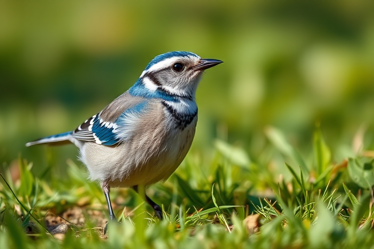 A close-up of a blue and white bird with a distinctive pattern, standing on the ground amidst grass, captured in soft natural light with a Canon EOS R5, 85mm lens, f/2.8 aperture, ISO 100, shallow depth of field for a blurred background.