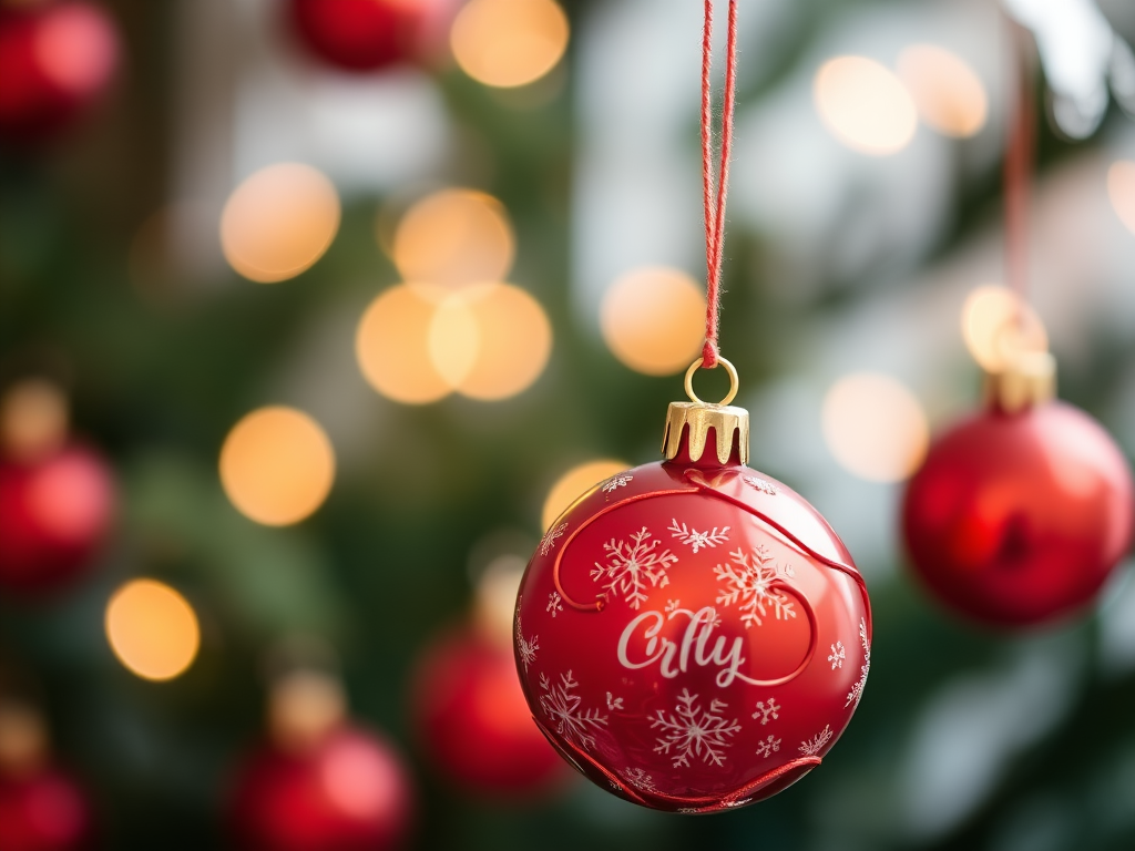 red Christmas ornaments in a shallow depth of field with bokeh lights in the background, shot with a DSLR camera, 50mm lens, aperture f/1.8, ISO 100, shutter speed 1/200s, natural light for enhanced reflections and vibrant colors