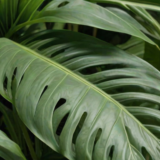 close-up of large green tropical leaves with visible texture and veins, in a natural setting, with soft lighting