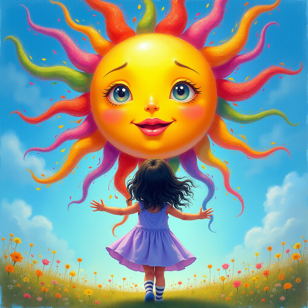 A depiction, in colorful paints, of a little girl, back to the viewer, short stripy socks, lilac and blue dress, arms outstretched, long black wavy hair being blown by the breeze, bight summer's day, up in the blue sky a giant colorful sun face, with pretty eyes, pink lips, colorful swirls, and rainbow colored flames shooting off in all directions