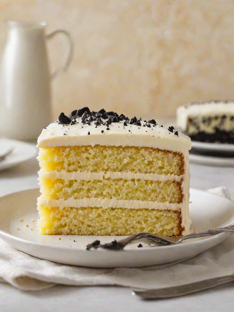 Generate an image of a moist yellow cake with a light creamy frosting on top. The slice should show a fluffy texture and small black specks within the cake, indicating the use of vanilla bean. The background should be softly blurred to focus on the cake slice.