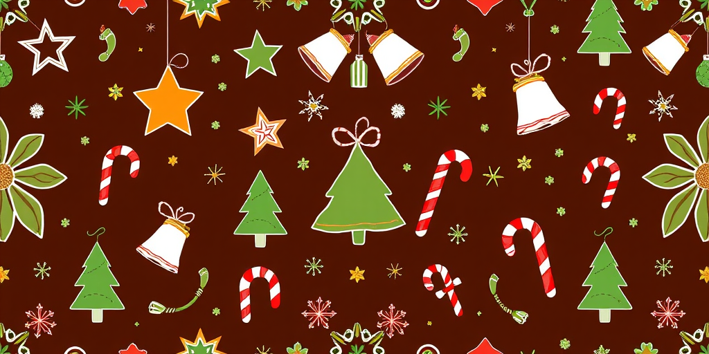 Create a high-resolution digital pattern featuring Christmas-themed elements like stars, bells, Christmas trees, and candy canes on a dark brown background, using a 50mm lens, f/2.8 aperture, ISO 100, and natural light for optimal detail and contrast.