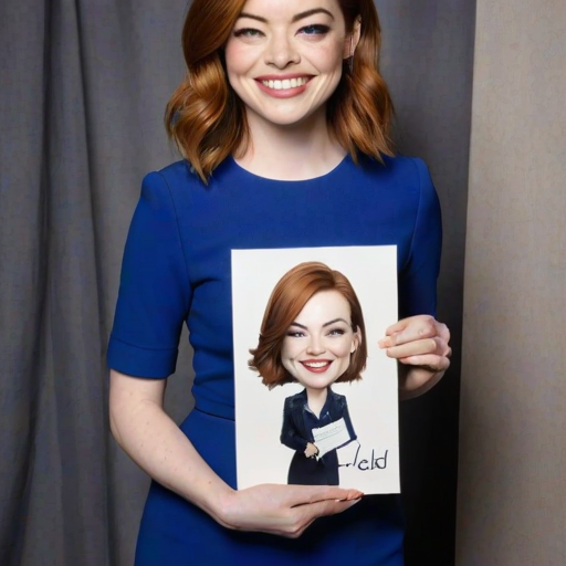 caricature of a smiling Emma Stone in a Cobalt dress or suit, holding up a sign that says "NEED A JOB", no watermark,