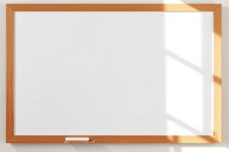 Generate an image of a blank whiteboard with a wooden frame, 50mm lens, f/2.8 aperture, ISO 100, shot at a 45-degree angle in natural light, with a DSLR camera for high resolution.