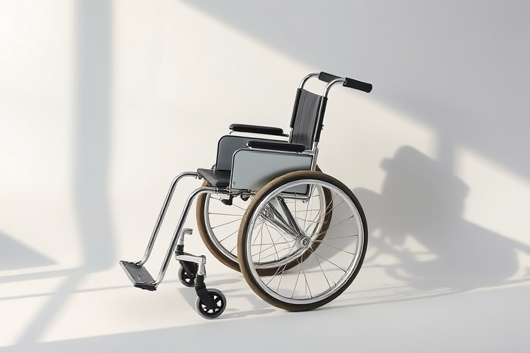 Create a high-resolution image of a wheelchair with a simple and modern design, using a DSLR camera at f/8 aperture, ISO 100, 50mm lens, in natural lighting and a flat lay perspective.