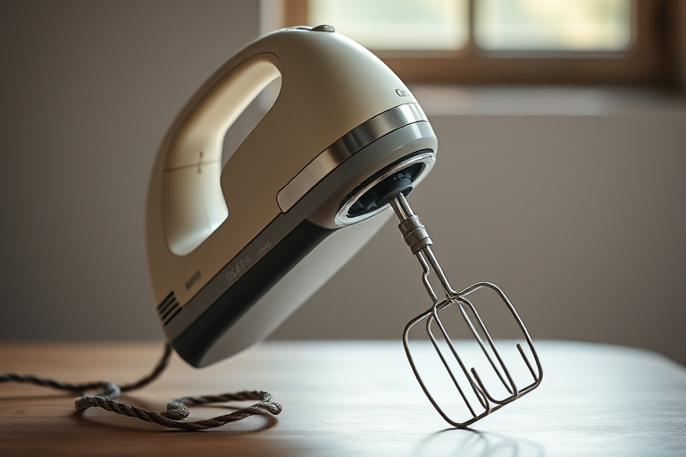 Draw a high-resolution image of a vintage handheld electric mixer with a twisted cord, captured in natural light with a shallow depth of field, using a DSLR camera, 35mm lens, f/2.8 aperture, and a focal length of 50mm.