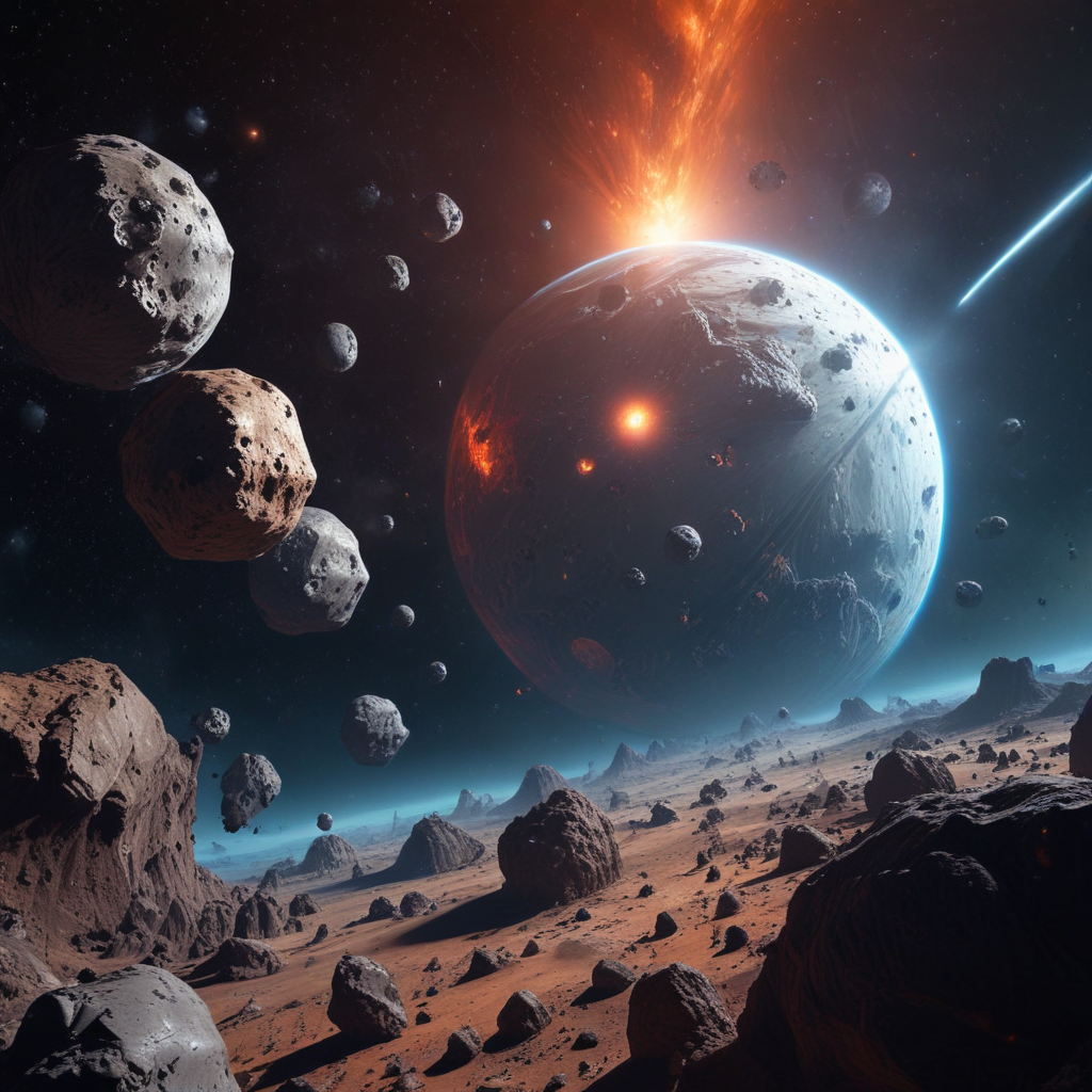 outer space with a planet and few asteroids floating
