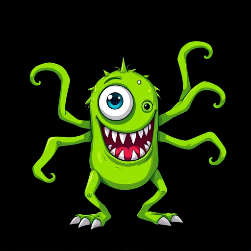 Create an illustration of a bright green cartoon monster with five long, wavy limbs, a large mouth with sharp teeth, and one big eyeball, set against a solid black background; use a digital drawing style with a resolution of 300 DPI, employing a wide angle lens for depth, and a vibrant color palette for enhanced contrast.