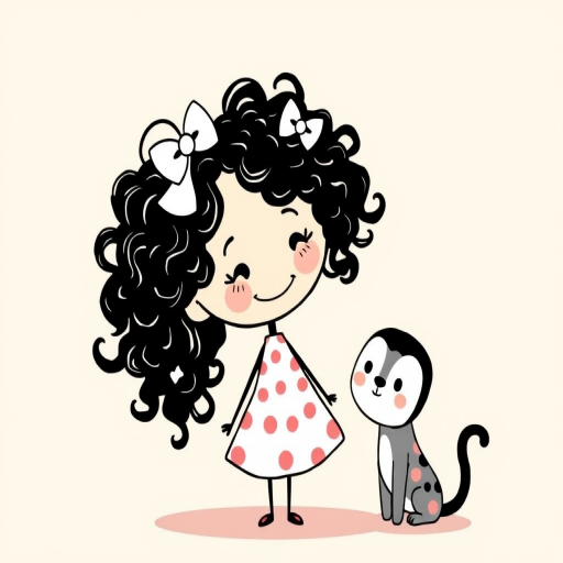 Create a whimsical digital illustration of a happy stick figure girl with curly hair and bows in her hair, wearing a patterned dress, standing next to a cute animal, with a soft pastel background, using a Canon EOS R5 with a 50mm lens at f/2.8, ISO 100, and a 1/125s shutter speed for optimal clarity and color vibrancy.