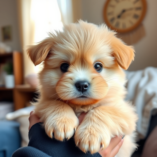 Generate an image of a fluffy light brown puppy being held by a person with a cozy indoor background featuring sunlight and soft textures the puppy has a cute expression with big eyes and a small nose