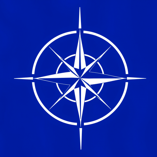 Generate a high-resolution image of the NATO flag featuring a deep blue background with a white compass rose in the center, using a DSLR camera with a 50mm lens at f/8 aperture, 1/250 shutter speed, and an ISO of 100, taken from a frontal view.